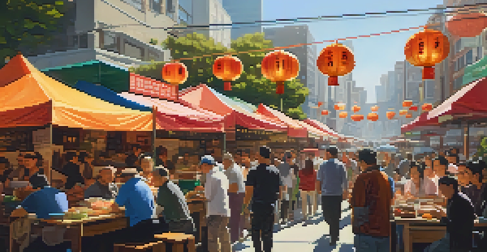 A colorful street market in San Francisco with food stalls offering dim sum and tacos, filled with diverse people enjoying the food.
