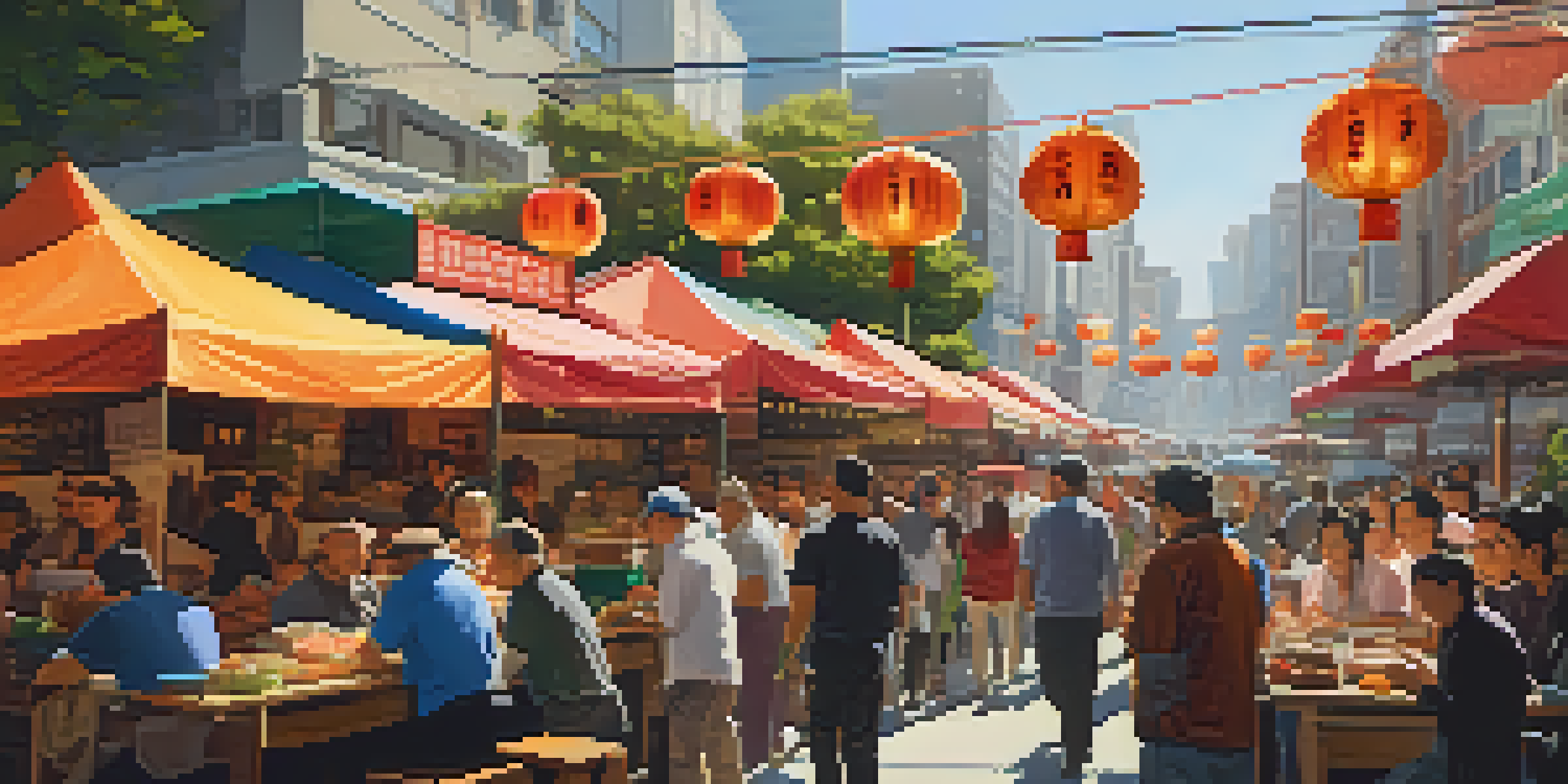 A colorful street market in San Francisco with food stalls offering dim sum and tacos, filled with diverse people enjoying the food.