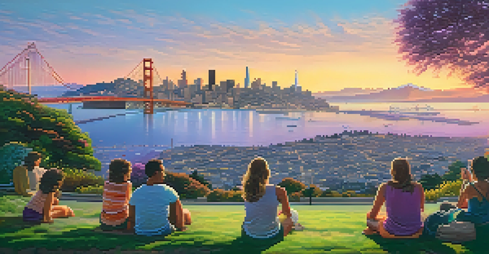 A panoramic view of San Francisco's skyline at sunset with the Golden Gate Bridge and Transamerica Pyramid, featuring colorful skies and lush parks.