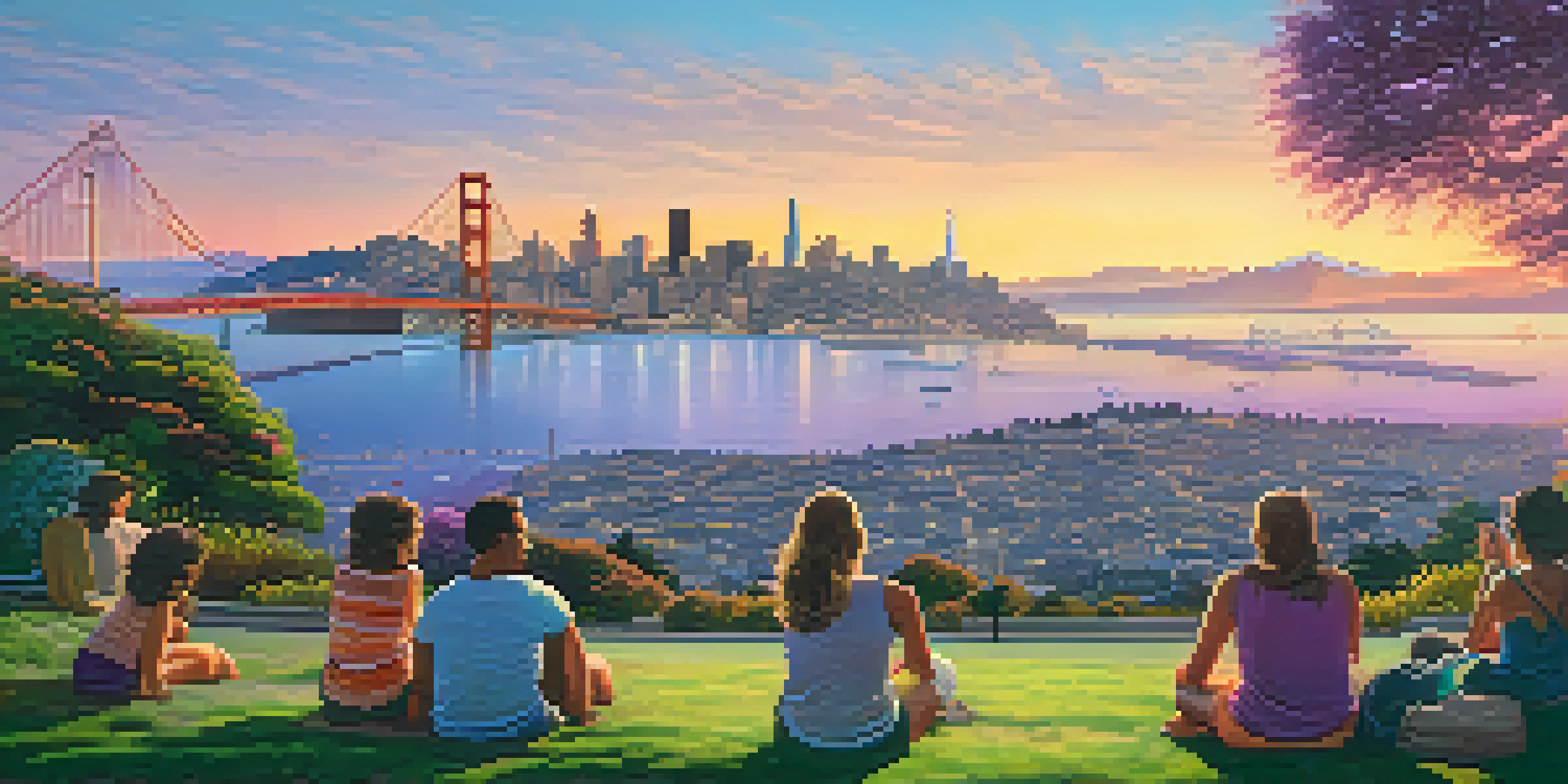 A panoramic view of San Francisco's skyline at sunset with the Golden Gate Bridge and Transamerica Pyramid, featuring colorful skies and lush parks.