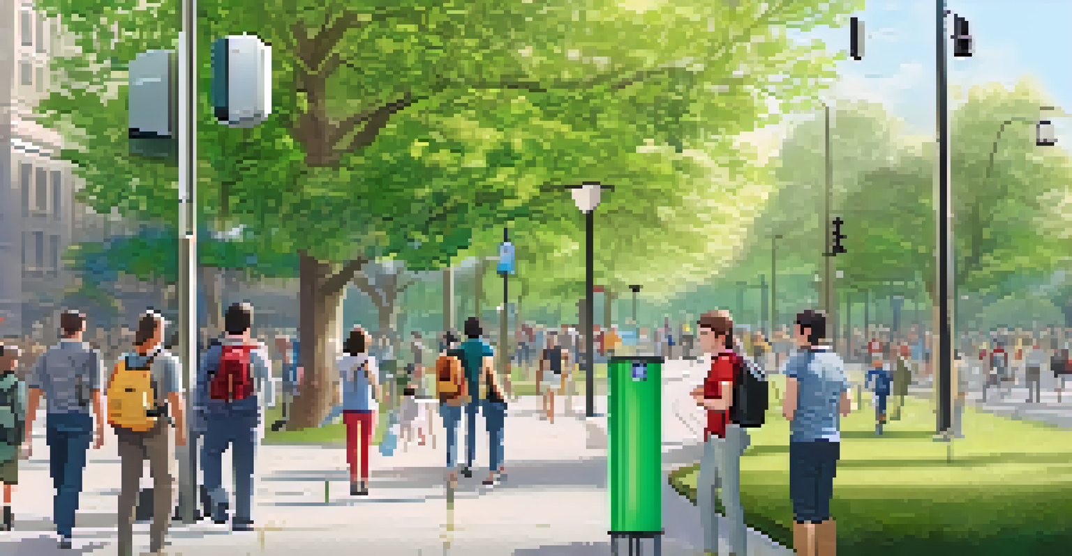 An air quality monitoring device in a park showing data levels, with people enjoying the park in the background.