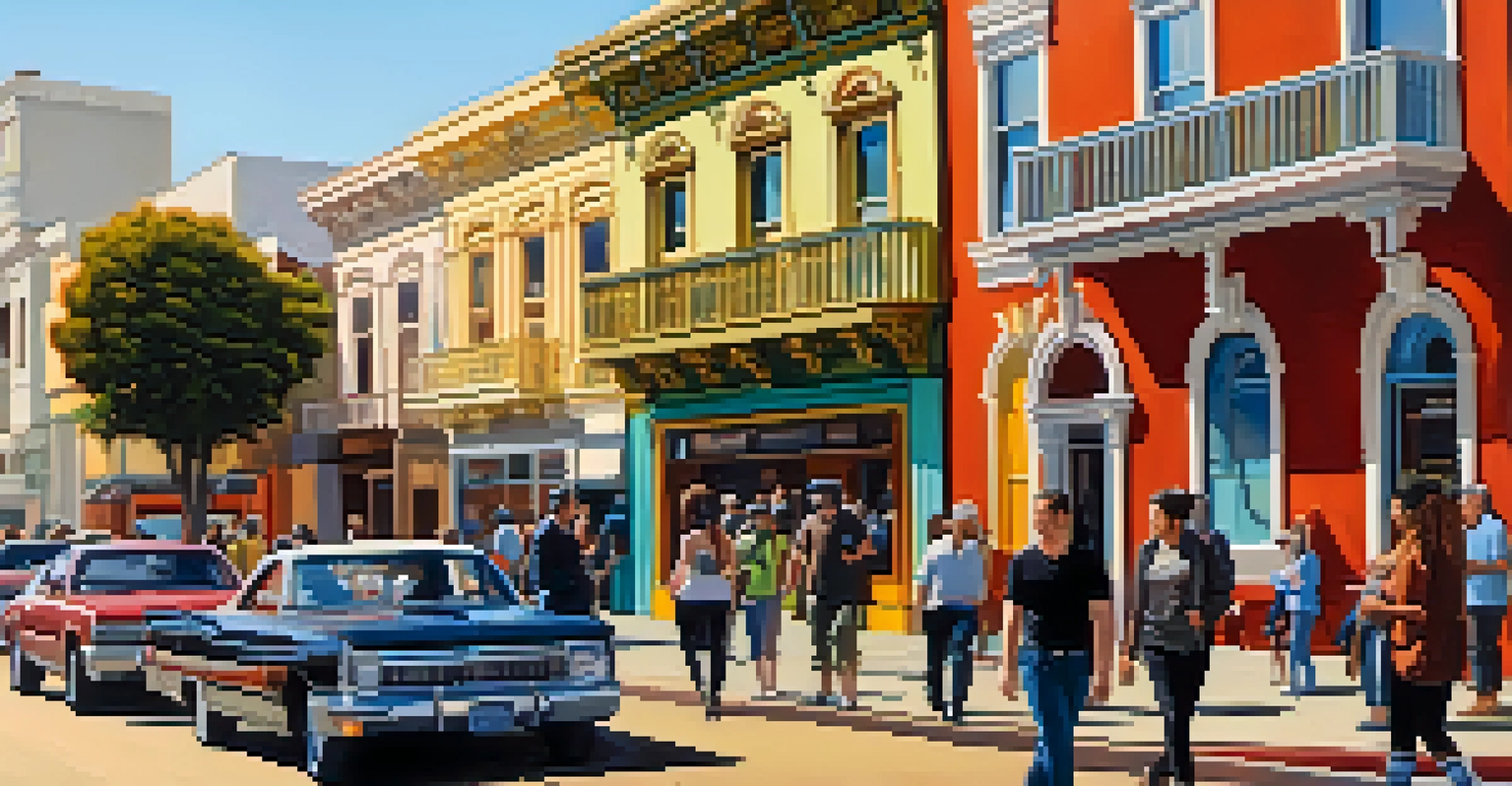 A lively street scene in San Francisco's Mission District, showcasing a mix of historic and modern architecture with people and colorful murals.