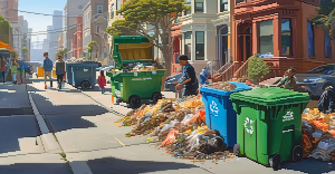 A busy urban street in San Francisco where diverse individuals are actively using recycling and compost bins, surrounded by colorful buildings and warm sunlight.