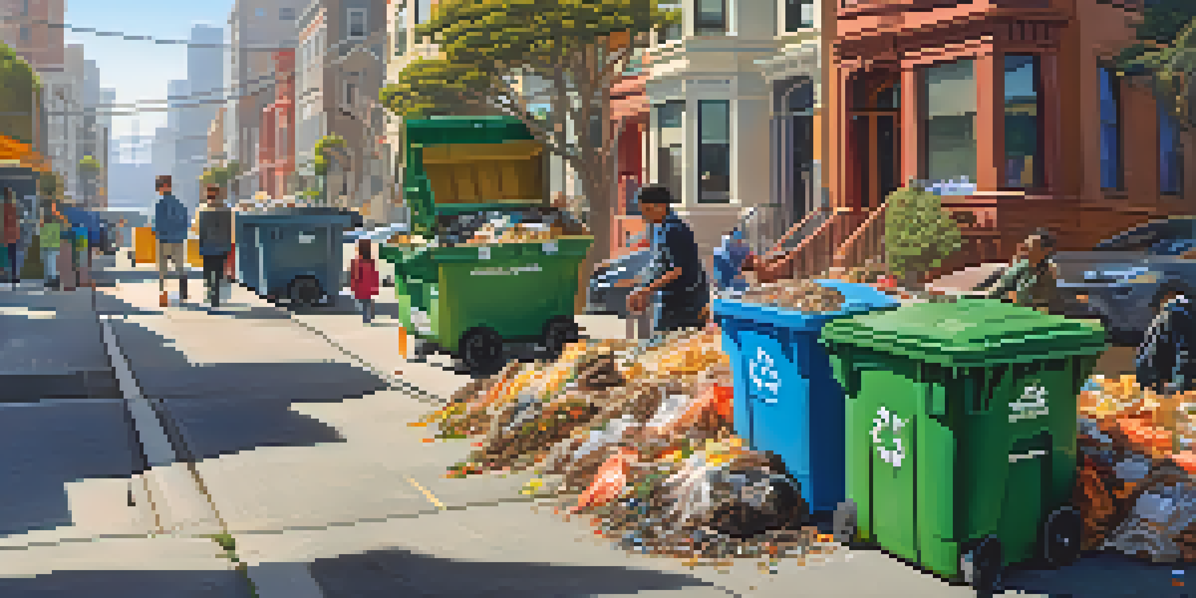 A busy urban street in San Francisco where diverse individuals are actively using recycling and compost bins, surrounded by colorful buildings and warm sunlight.