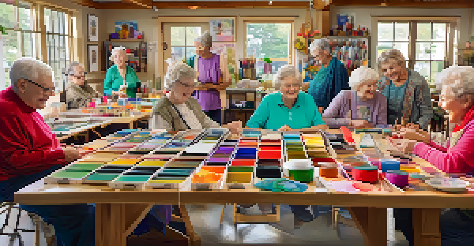 Seniors engaged in an arts and crafts workshop, surrounded by colorful supplies and smiling while creating decorations.