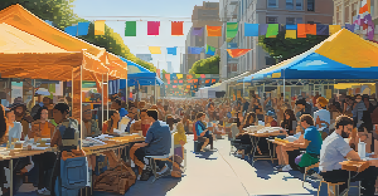 A lively literary festival in San Francisco with authors and readers, colorful tents, and people engaging in discussions.