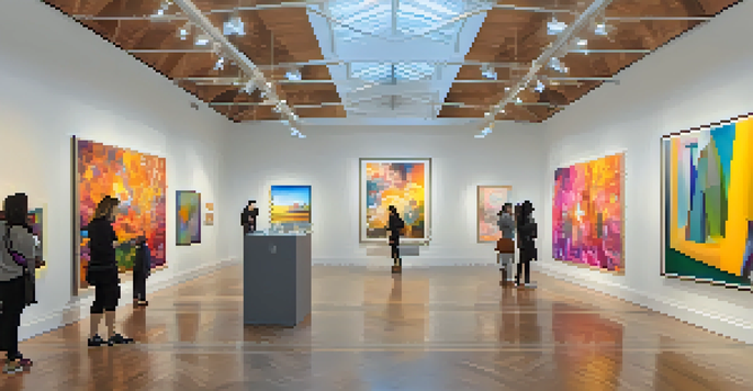 An art gallery with a mix of digital and traditional art, featuring colorful paintings and augmented reality installations, filled with diverse visitors.