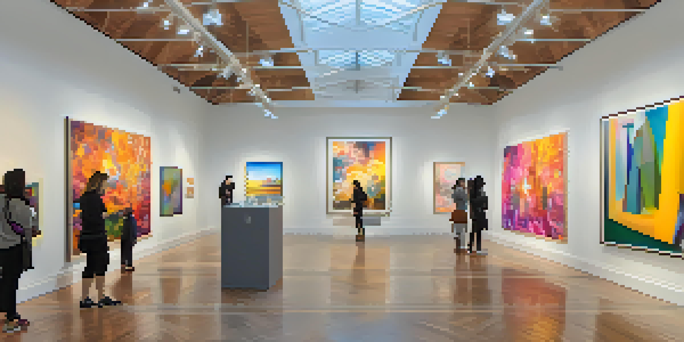 An art gallery with a mix of digital and traditional art, featuring colorful paintings and augmented reality installations, filled with diverse visitors.