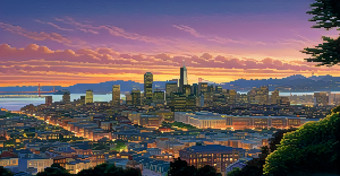 A vibrant sunset over San Francisco's skyline, highlighting modern skyscrapers and the Golden Gate Bridge.