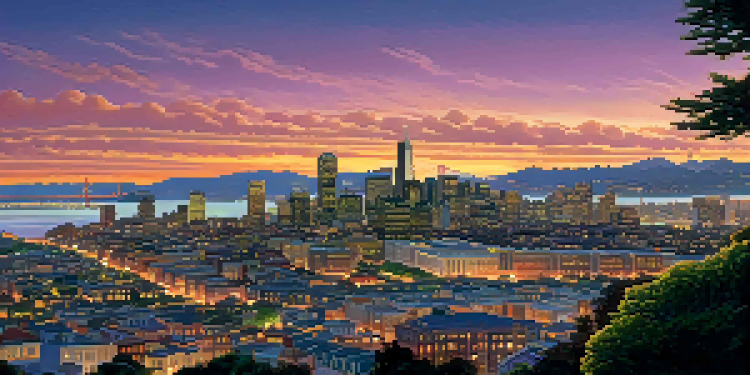 A vibrant sunset over San Francisco's skyline, highlighting modern skyscrapers and the Golden Gate Bridge.