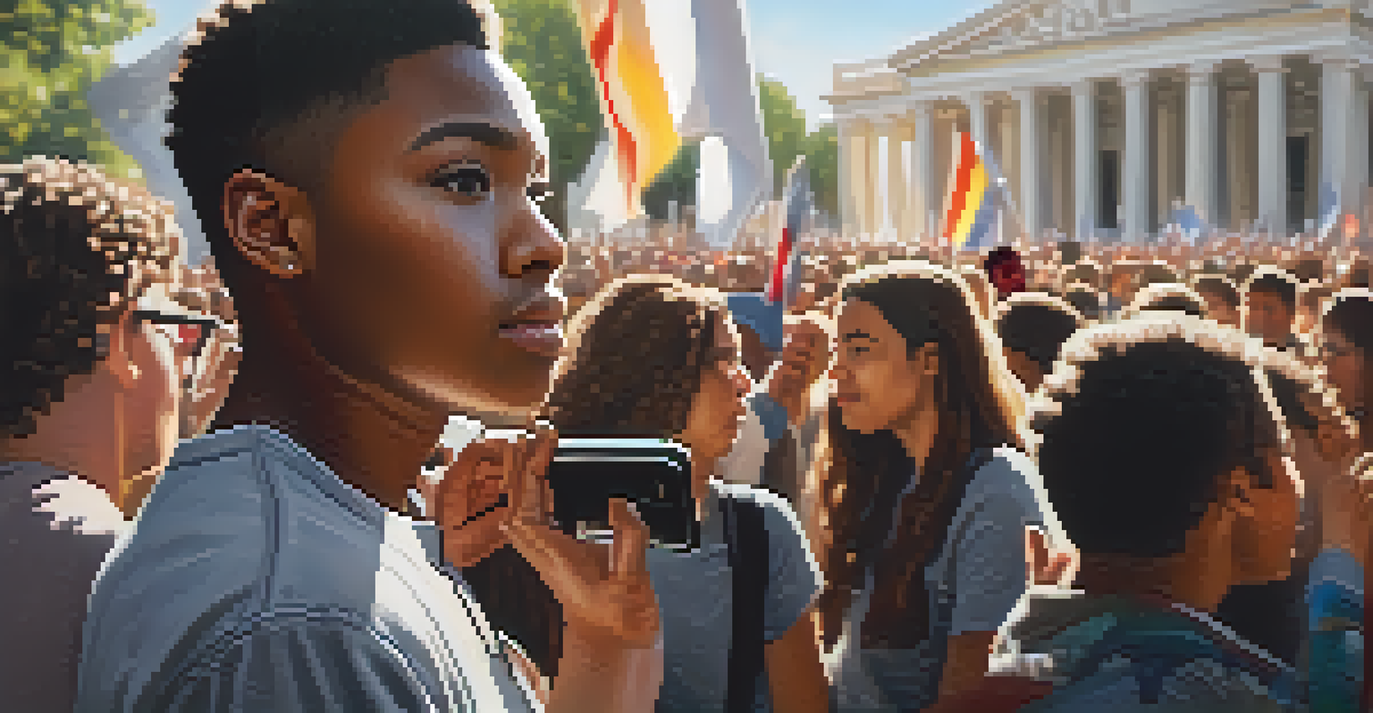 A young activist taking a photo during a social justice rally, with blurred figures in the background.