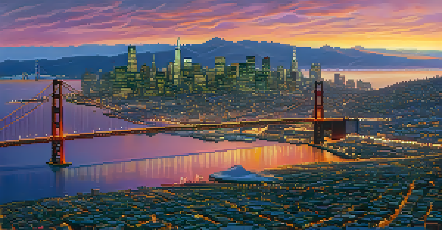 Aerial view of San Francisco skyline at sunset with the Golden Gate Bridge, vibrant sky colors reflecting over the city.