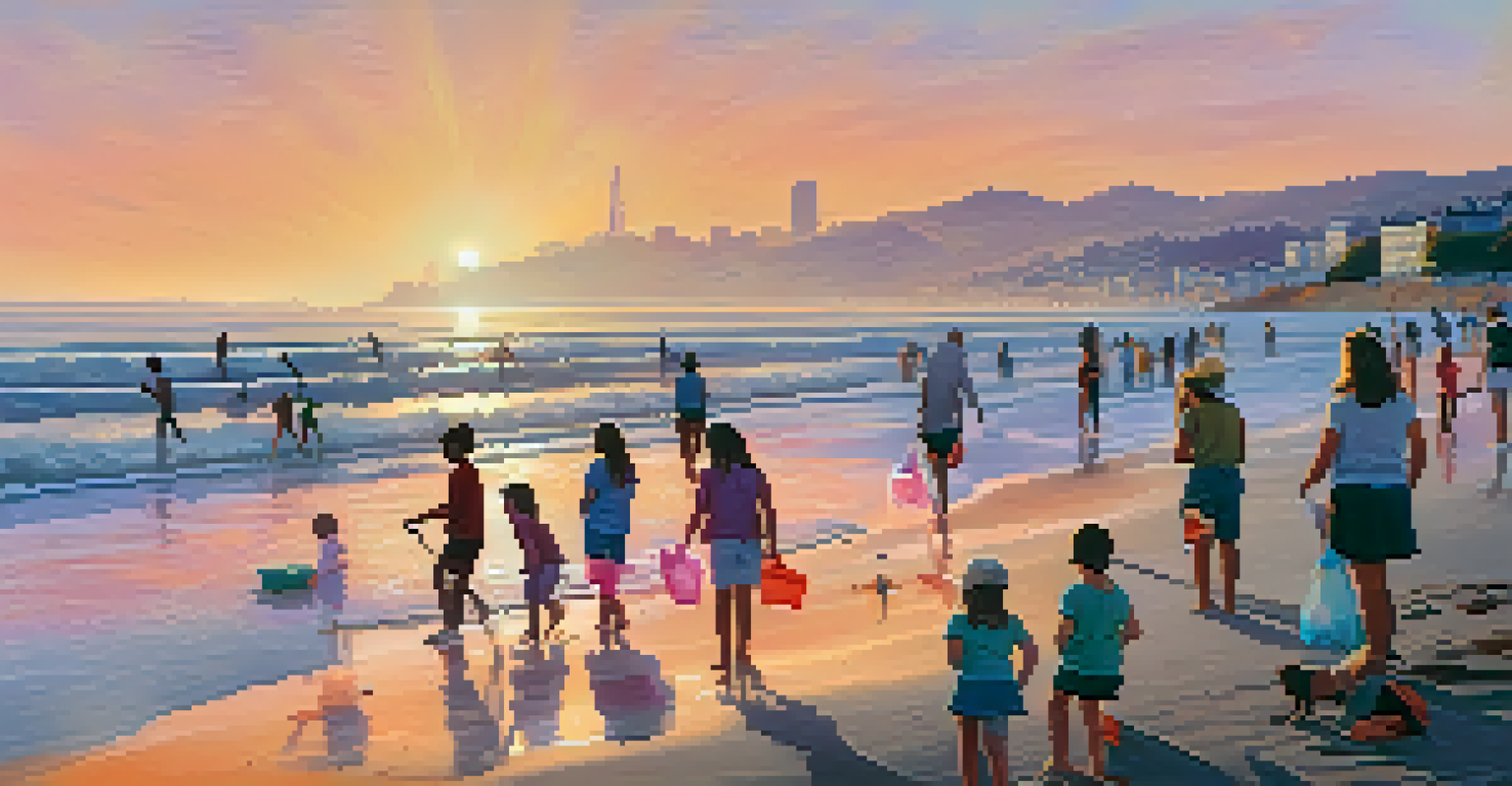 A beautiful San Francisco beach during sunset with families enjoying their day, while children participate in a beach clean-up.
