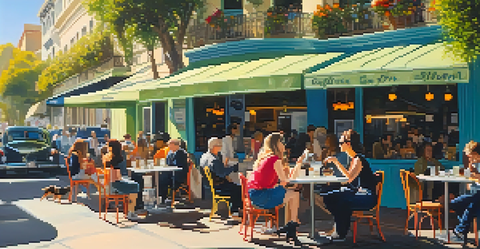 A lively outdoor café with colorful seating, people enjoying coffee, and dogs relaxing in a sunny atmosphere.