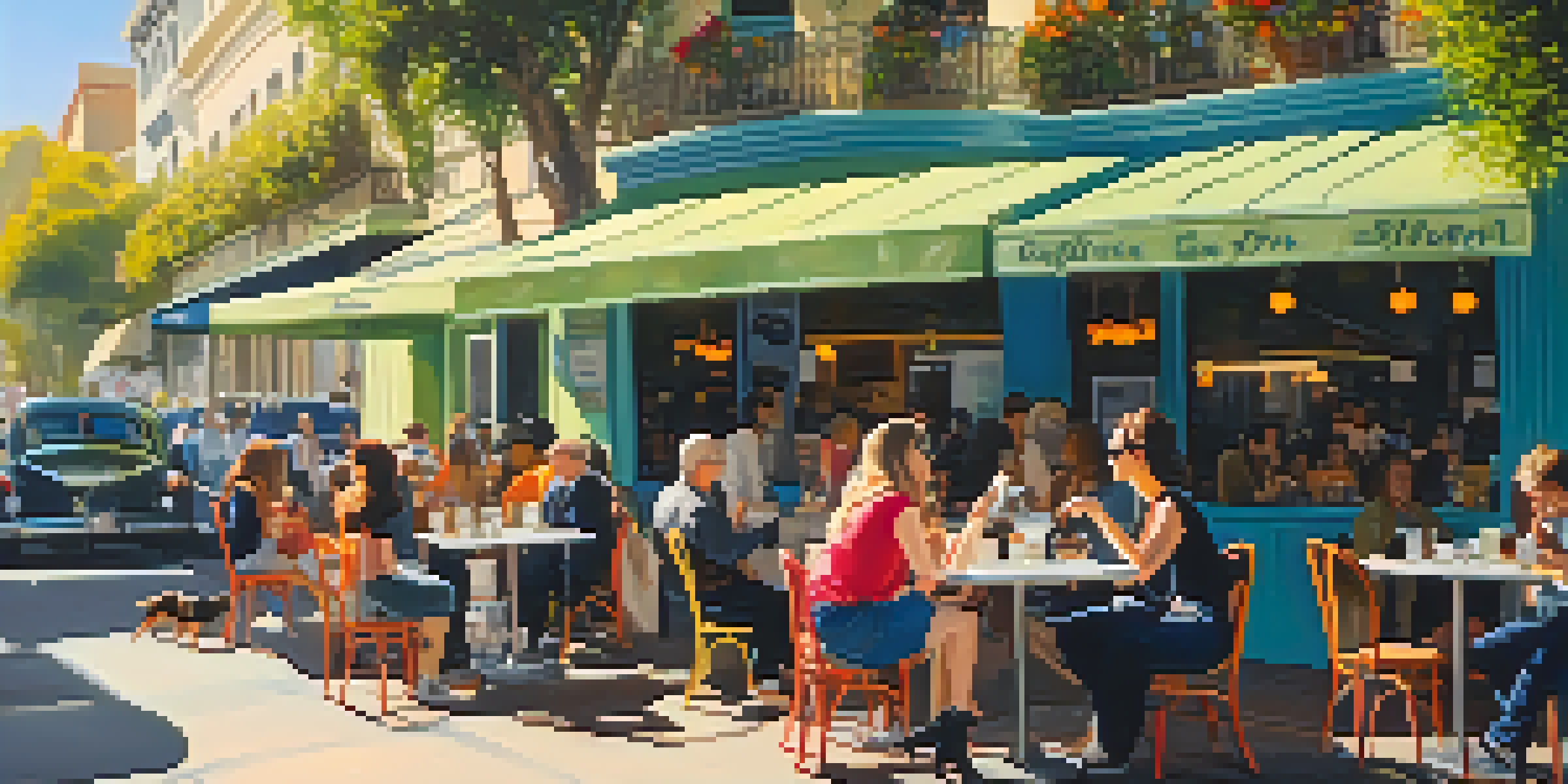 A lively outdoor café with colorful seating, people enjoying coffee, and dogs relaxing in a sunny atmosphere.