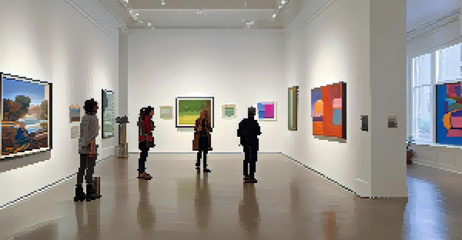 A modern art gallery with colorful paintings and sculptures, featuring visitors admiring the art and engaging in conversation.