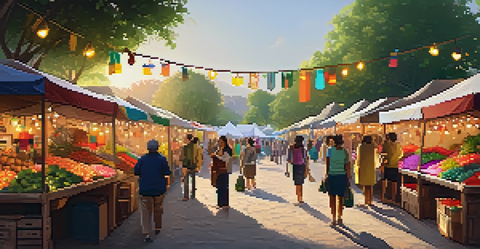 A bustling local craft market with artisans and customers engaging, surrounded by colorful stalls and warm lighting.