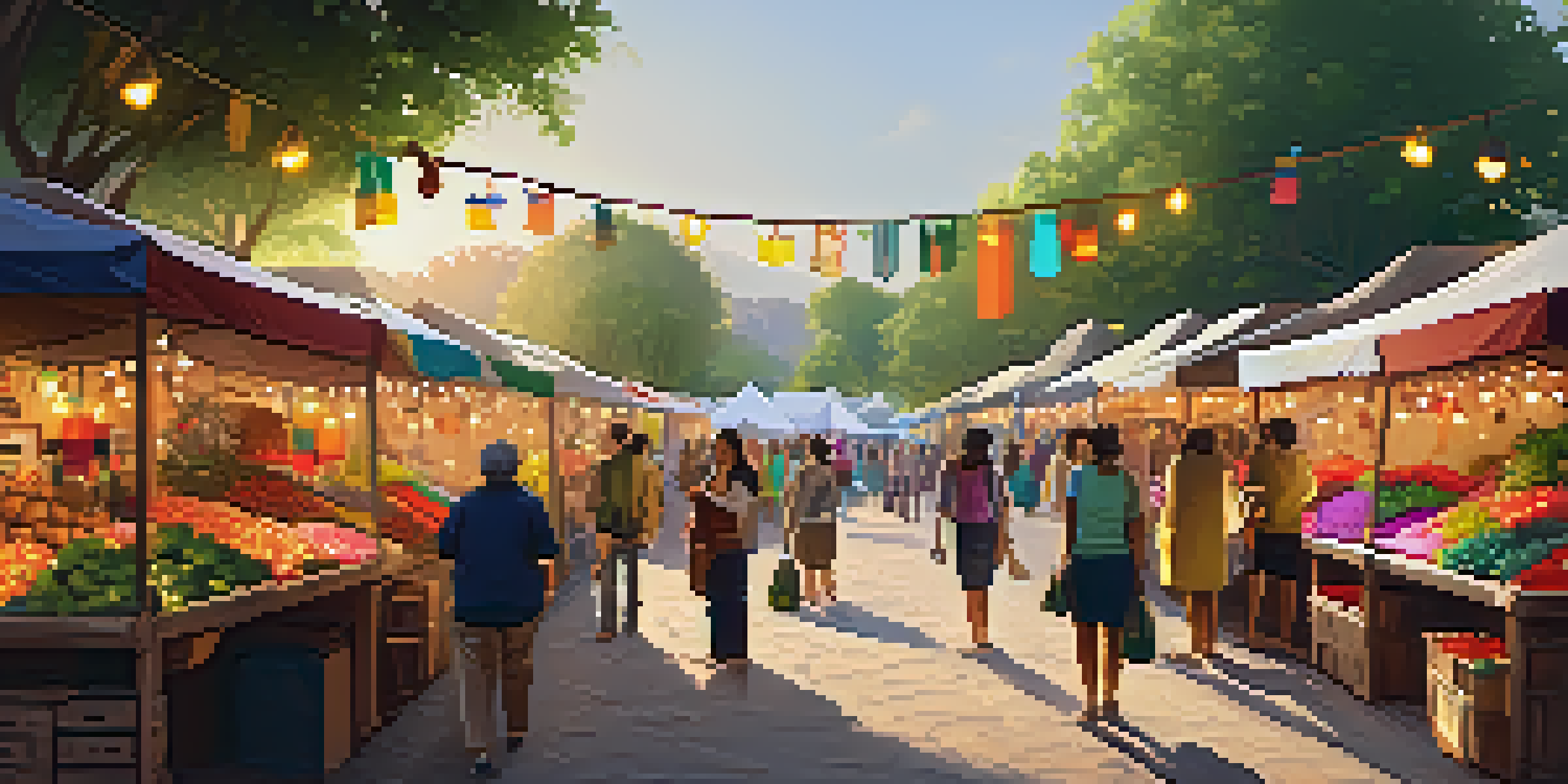 A bustling local craft market with artisans and customers engaging, surrounded by colorful stalls and warm lighting.