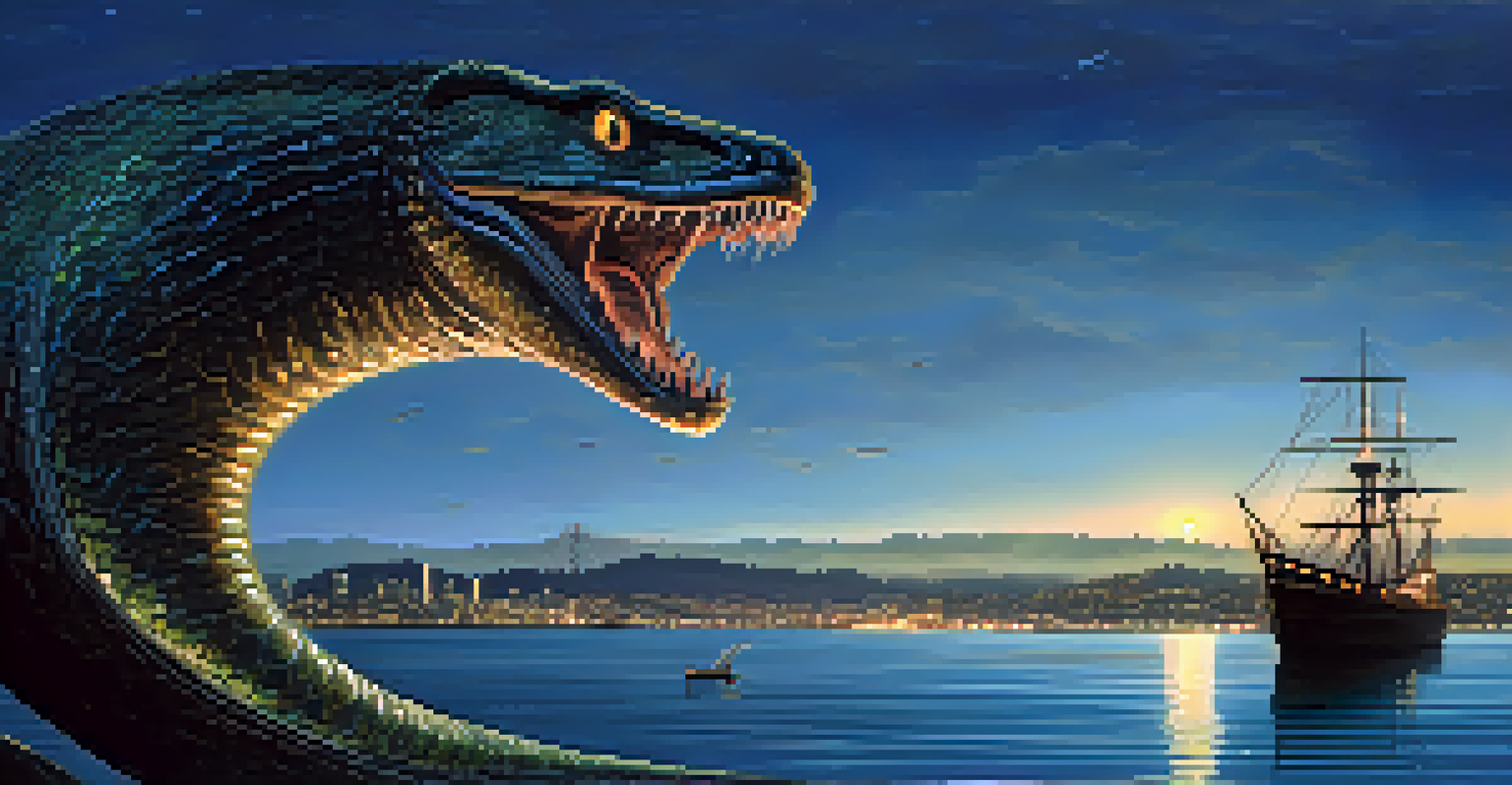 A mythical creature rising from the waters of San Francisco Bay at twilight, with onlookers in a boat expressing awe.