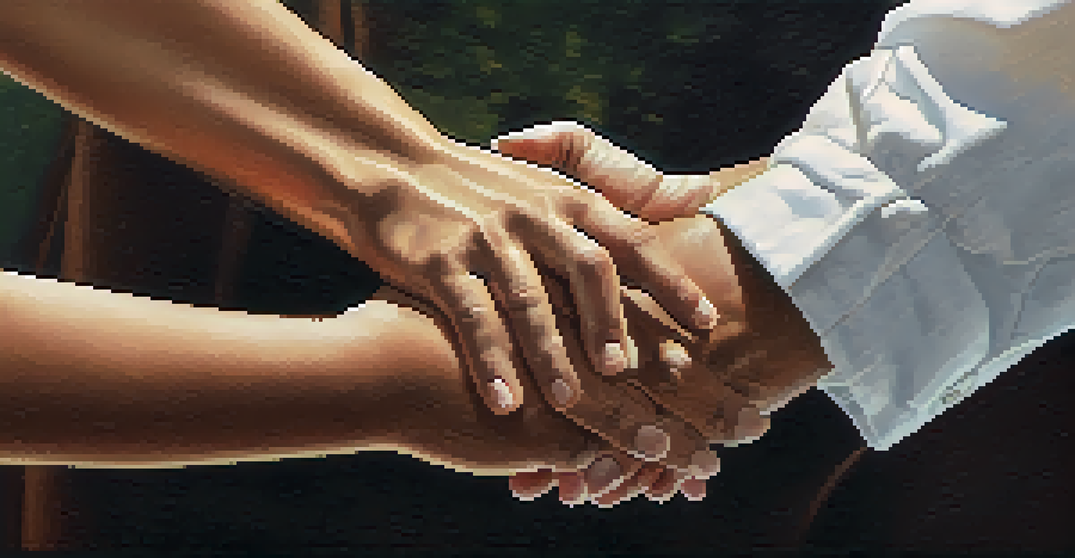 Close-up of hands exchanging supportive gestures, symbolizing empathy and connection in a community support group.