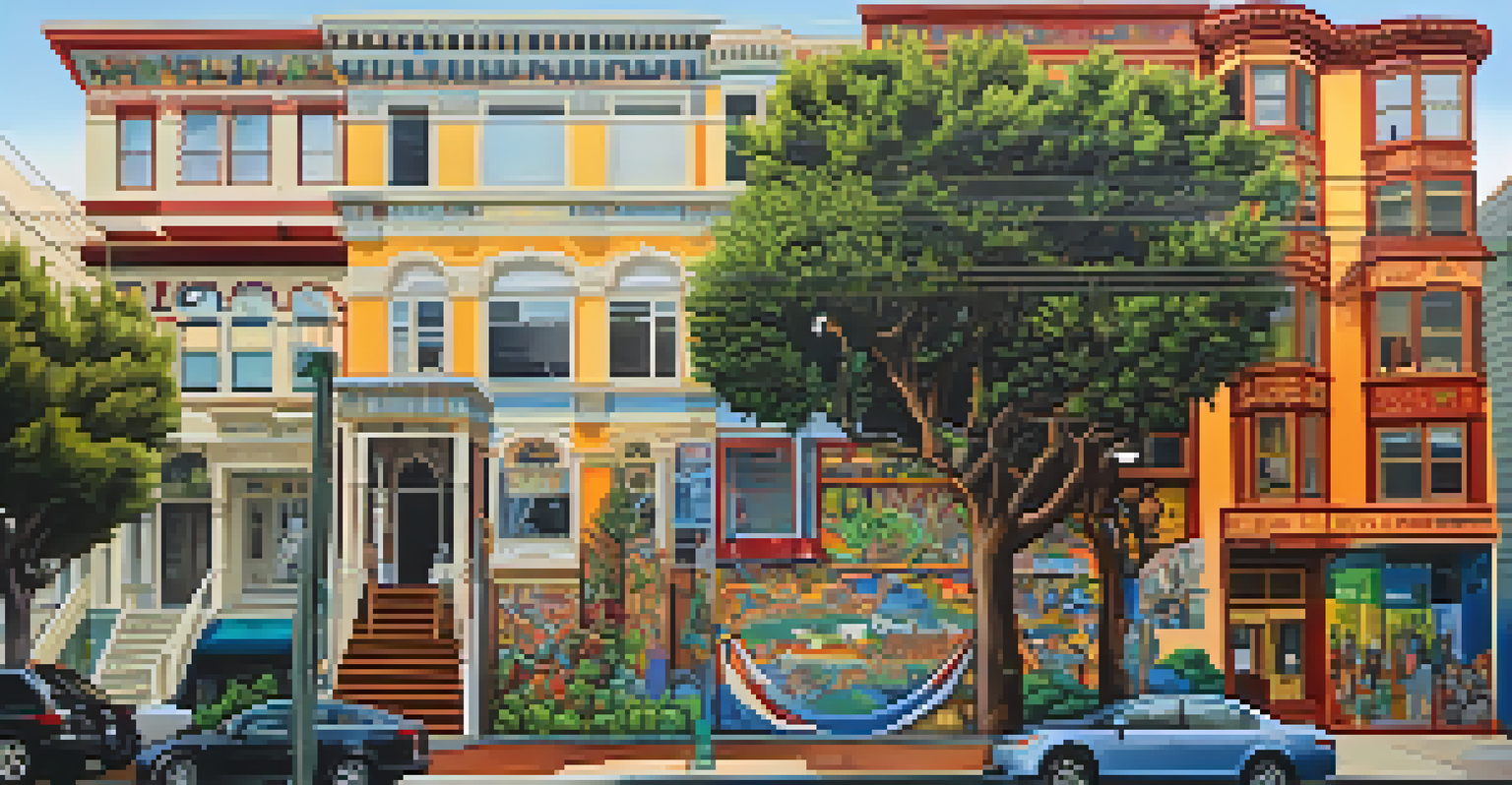 An urban street in San Francisco's Mission District with a mural focused on social issues, surrounded by greenery and city life.