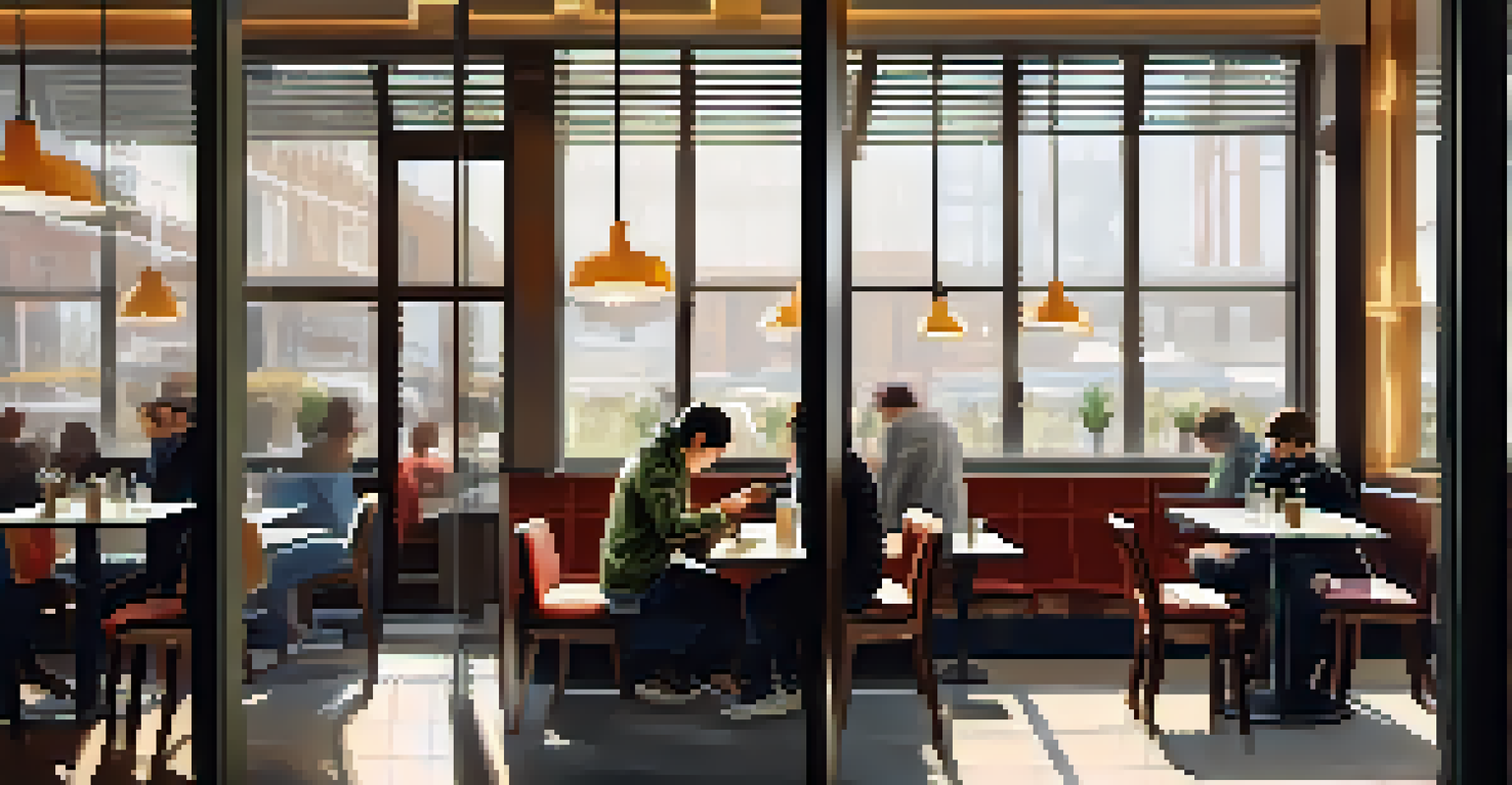 A person in a café looking at their smartphone with a concerned yet relieved expression.