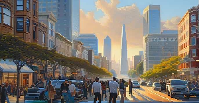 A busy street in San Francisco featuring blockchain startup offices and diverse entrepreneurs discussing outside, with the Golden Gate Bridge in the background.