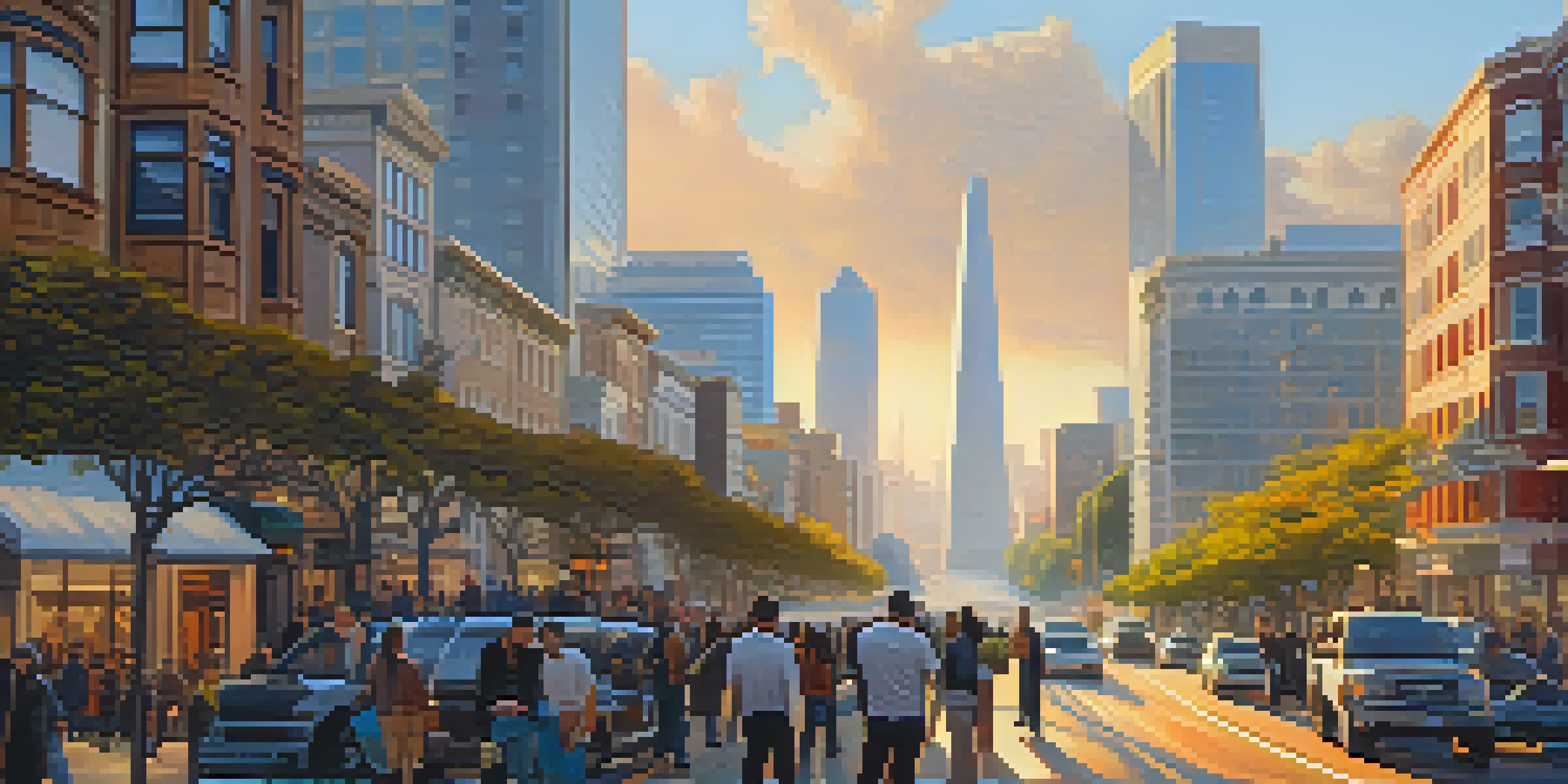 A busy street in San Francisco featuring blockchain startup offices and diverse entrepreneurs discussing outside, with the Golden Gate Bridge in the background.