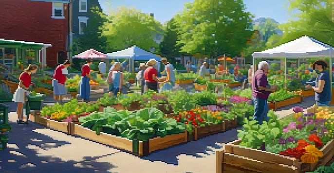 A diverse group of people working together in a colorful community garden filled with vegetables and flowers under bright sunlight.