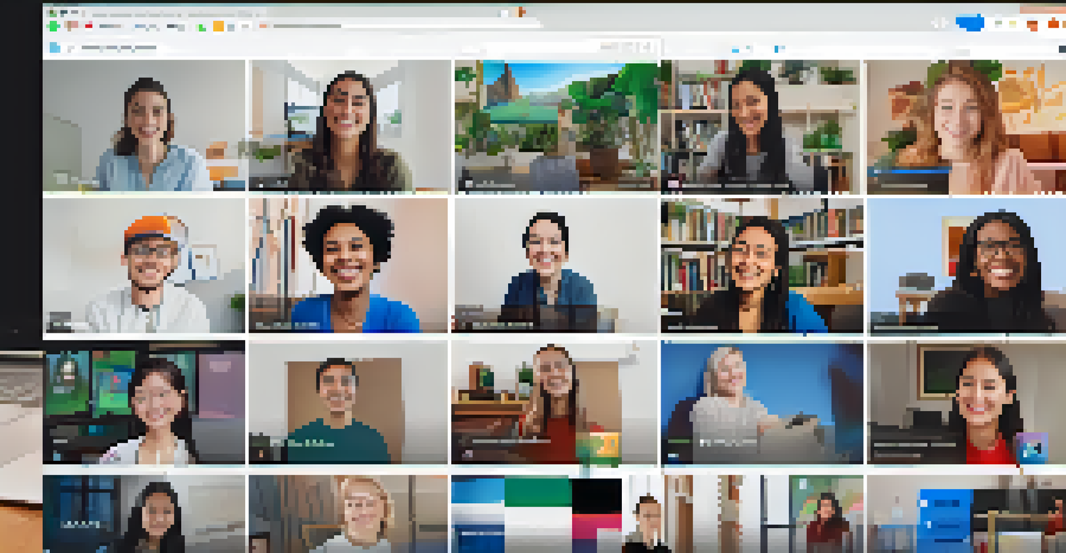 Students from various countries participating in a virtual meeting, smiling and engaging with each other's cultures through technology.