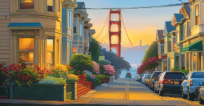 A lively San Francisco street scene with home buyers discussing outside a Victorian house, flowers in window boxes, and the Golden Gate Bridge in the background.