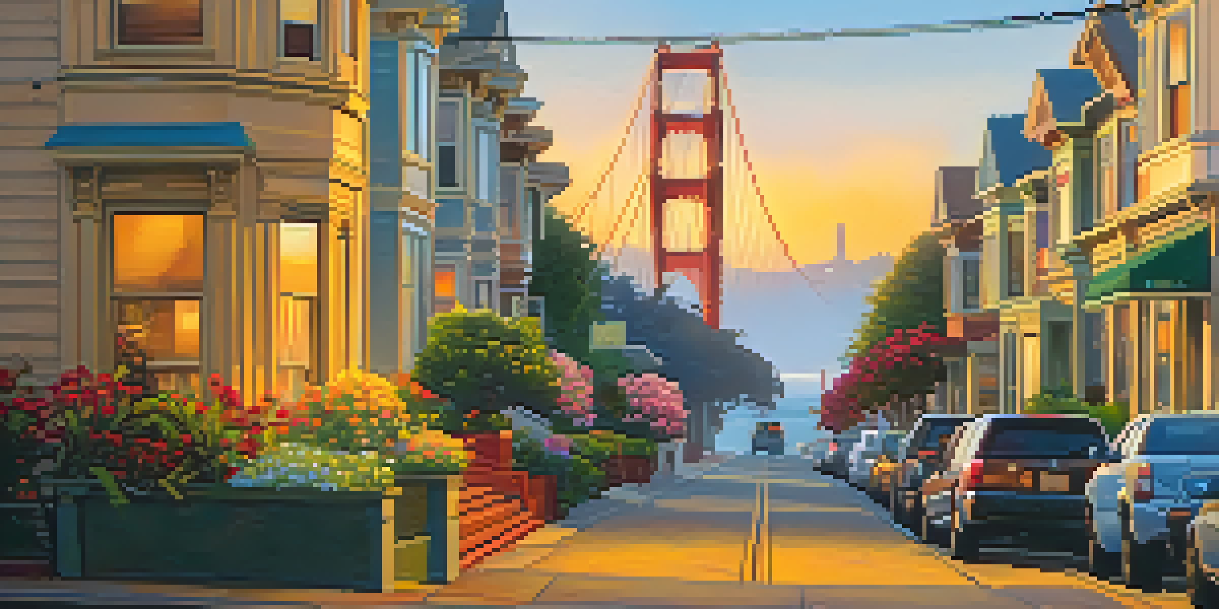 A lively San Francisco street scene with home buyers discussing outside a Victorian house, flowers in window boxes, and the Golden Gate Bridge in the background.