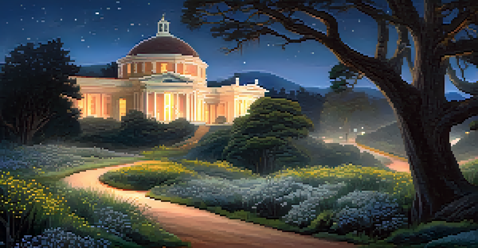 A winding path in the Presidio with ghostly lights and a historic building shrouded in mist under a starry sky.