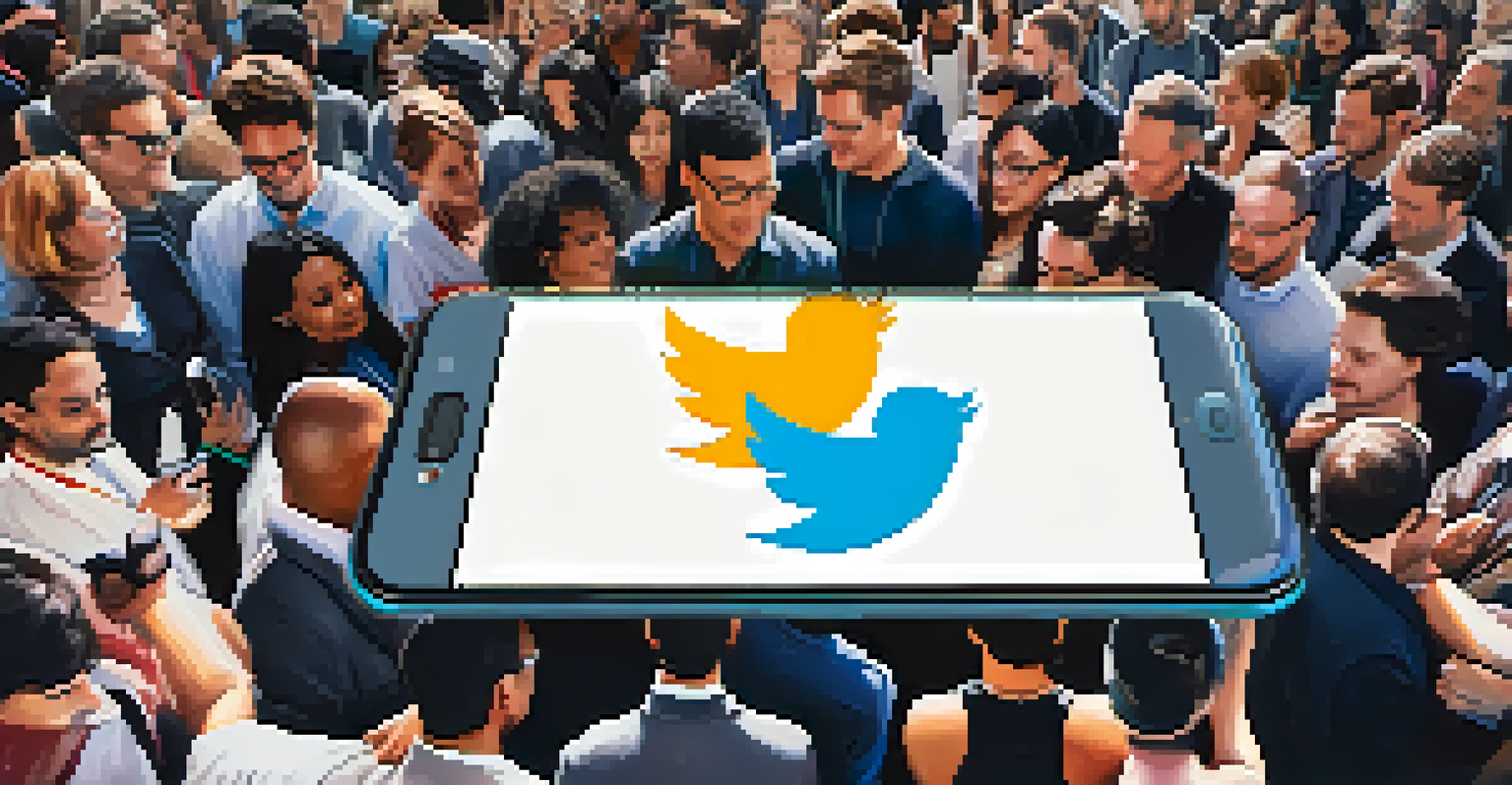 Close-up of a smartphone with the Twitter app, blurred background of diverse people at a tech event in San Francisco.