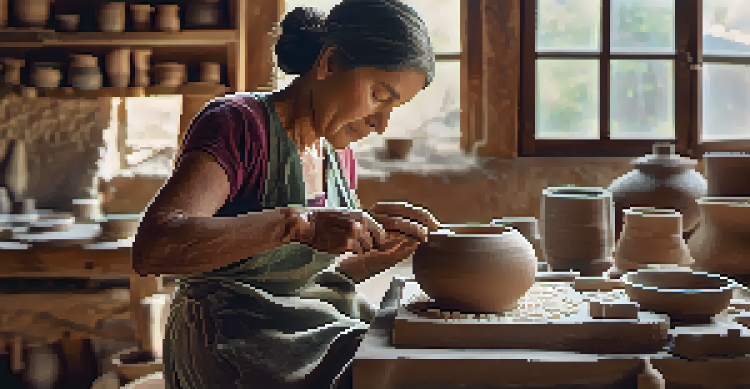 A local artisan creating a ceramic piece on a potter's wheel, showcasing her focused expression and the textures of the clay.