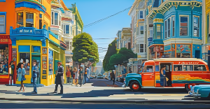 A lively street scene in Haight-Ashbury with colorful Victorian houses, people in 1960s clothing, and murals, under a sunny sky.