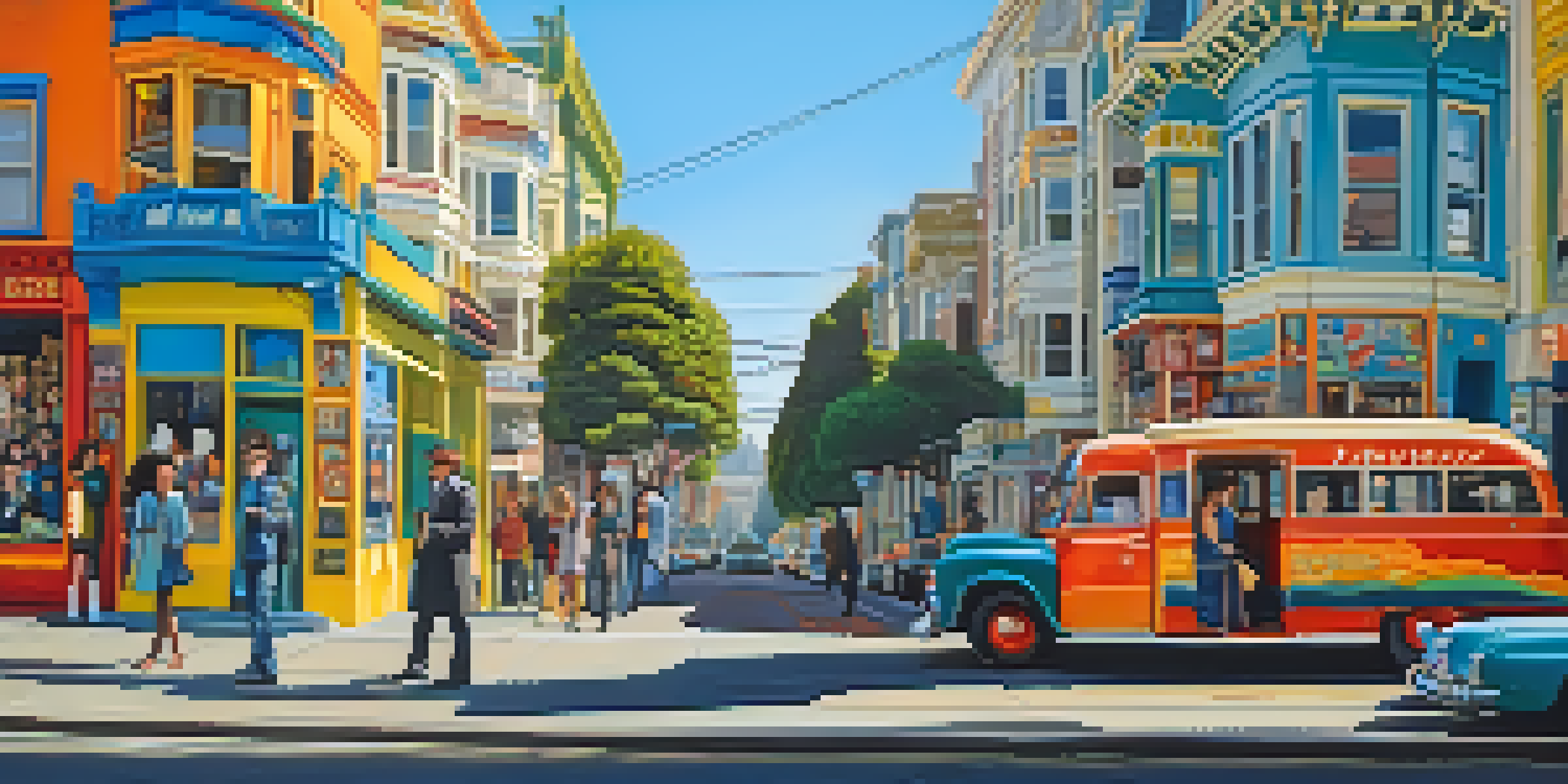 A lively street scene in Haight-Ashbury with colorful Victorian houses, people in 1960s clothing, and murals, under a sunny sky.