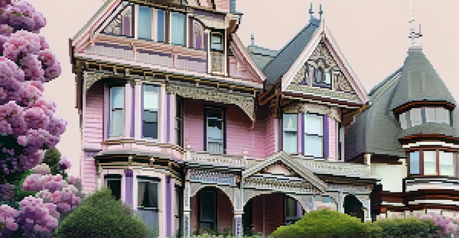 A detailed close-up of a Victorian house from the Painted Ladies, showcasing intricate woodwork and colorful flowers in the foreground.