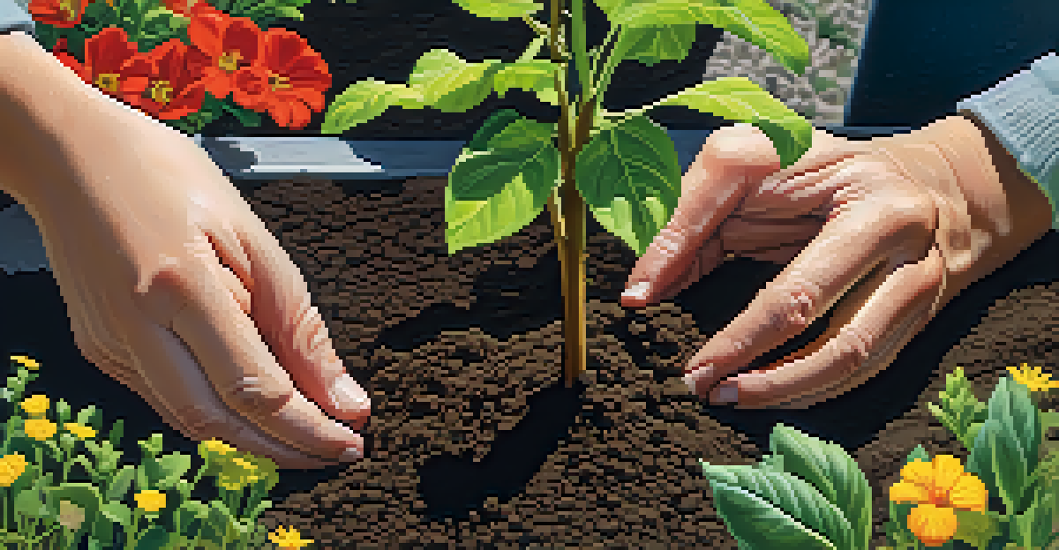 Close-up of hands planting a small tree in a community garden, with tools and vibrant flowers in the background.