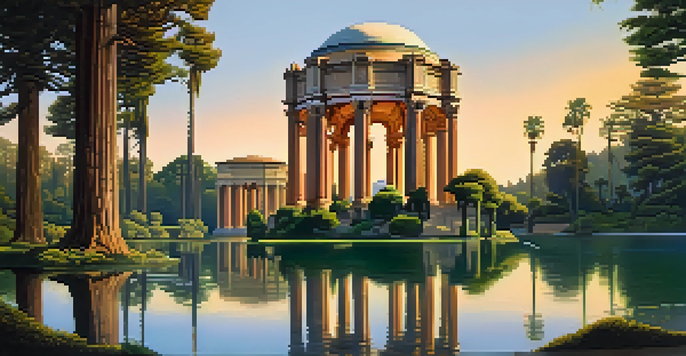 A picturesque scene of the Palace of Fine Arts with its rotunda and lagoon, reflecting the beauty of the architecture under golden hour light.