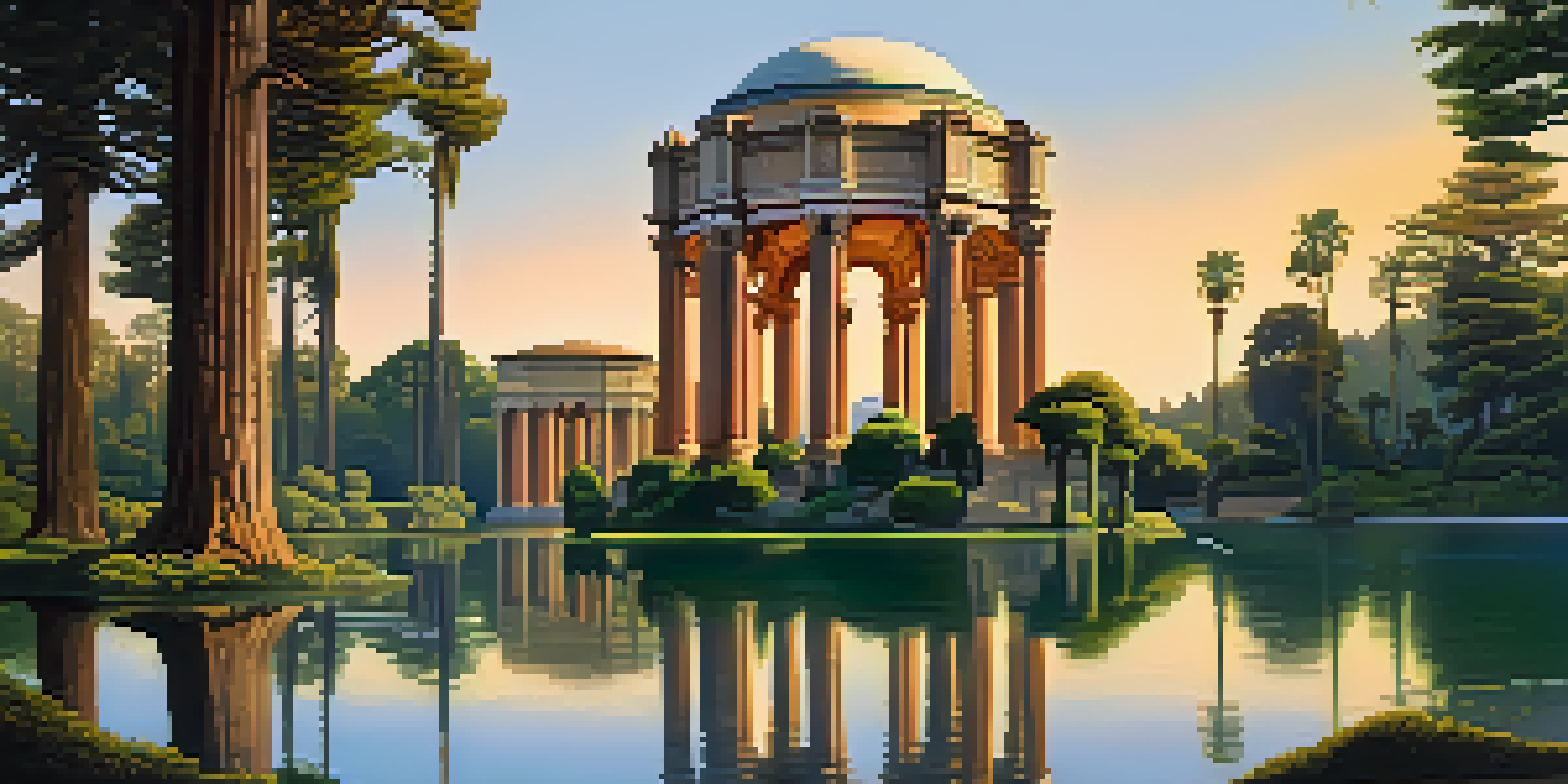 A picturesque scene of the Palace of Fine Arts with its rotunda and lagoon, reflecting the beauty of the architecture under golden hour light.