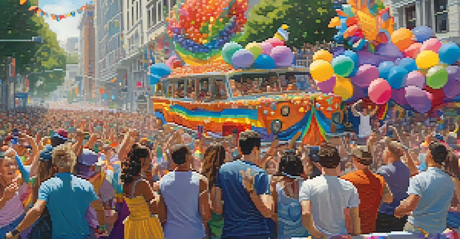 A colorful float at the San Francisco Pride Parade, with participants in vibrant costumes and a cheering crowd.