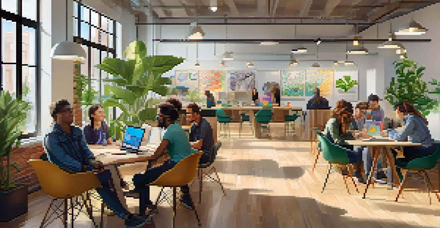 A modern coworking space in San Francisco with diverse professionals collaborating on tech projects.