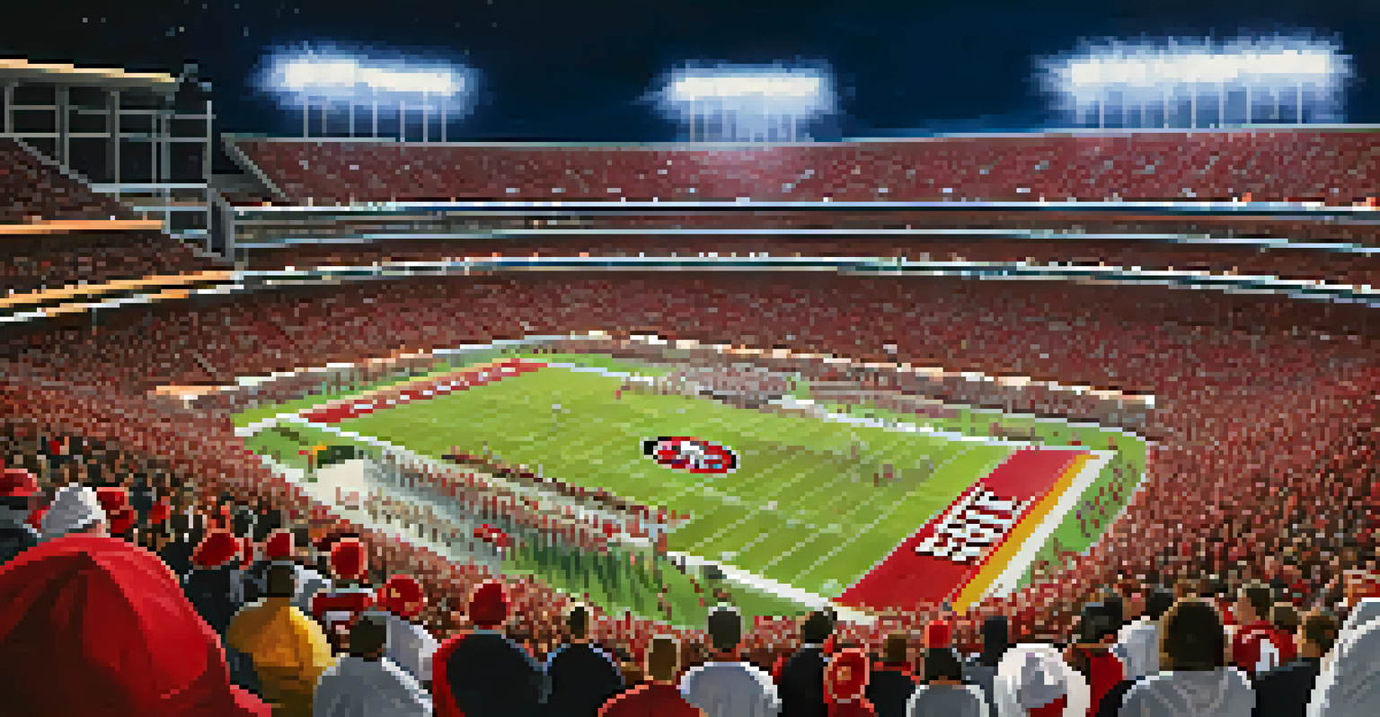 An exciting football game at Levi's Stadium with 49ers players on the field and cheering fans in the stands under night lights.