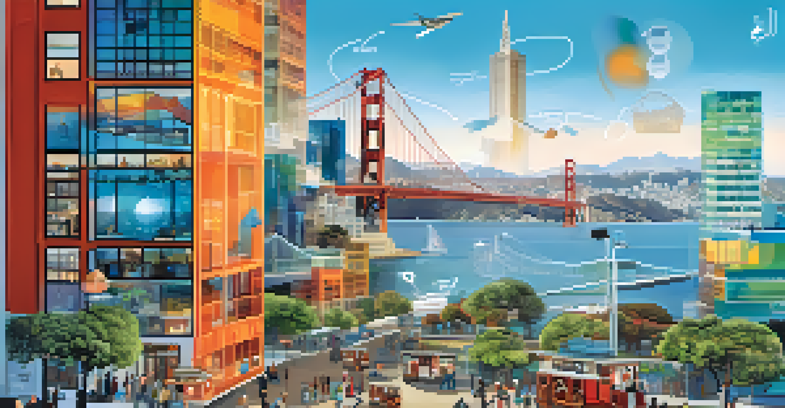 An infographic representation of trends in San Francisco's tech scene, featuring remote work, sustainability, and diversity with colorful icons and skyline.