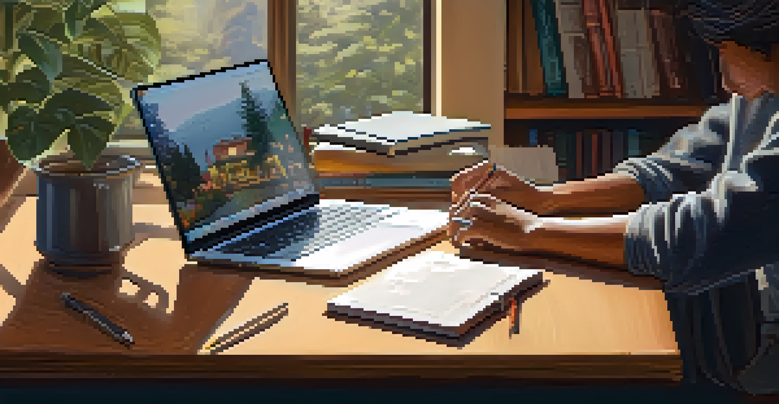 A student’s hands typing on a laptop in a cozy study space with warm lighting and study materials around.