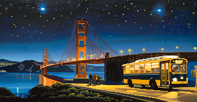 A night view of San Francisco with the Golden Gate Bridge lit up and people waiting at a bus stop.
