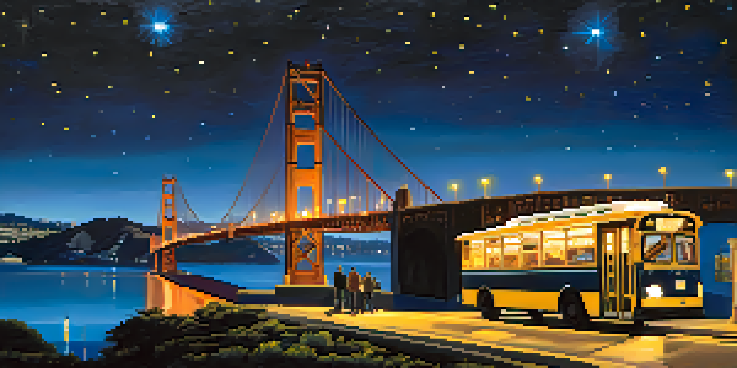 A night view of San Francisco with the Golden Gate Bridge lit up and people waiting at a bus stop.