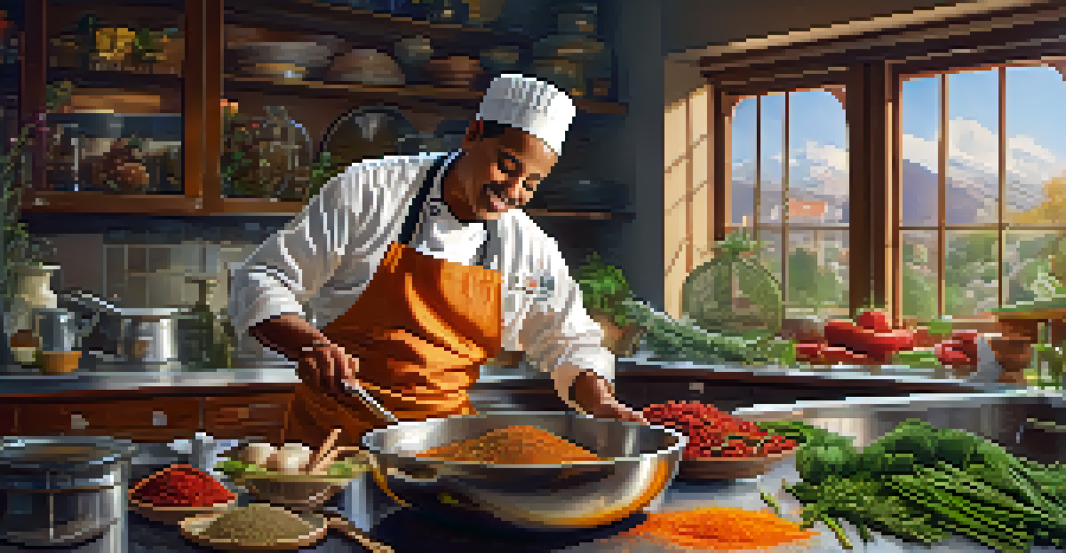 A chef in a cozy kitchen preparing a fusion dish with colorful spices and vegetables, smiling as they cook.