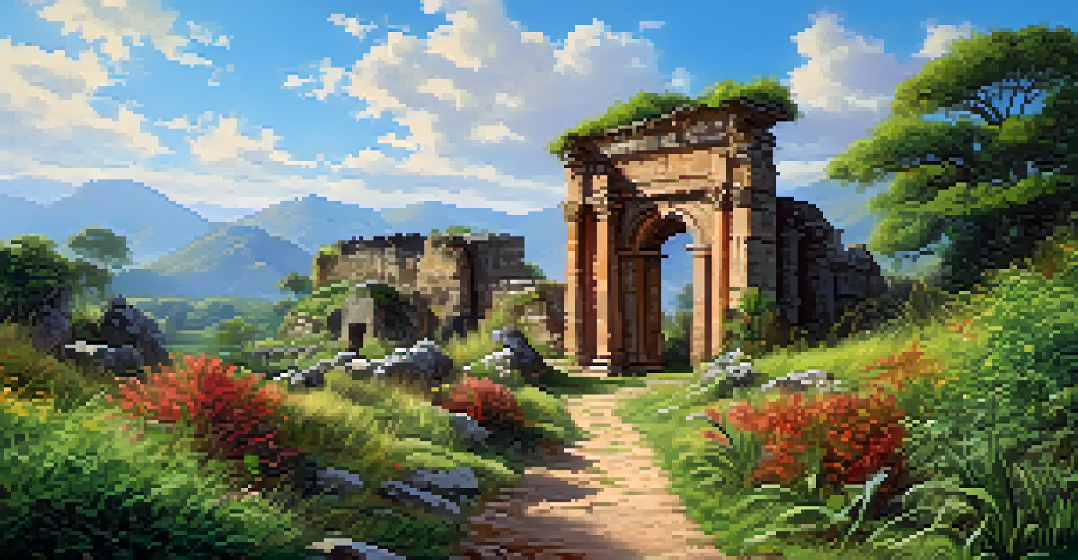 An ancient stone ruin in a lush green environment with visitors exploring and taking pictures under a clear blue sky.
